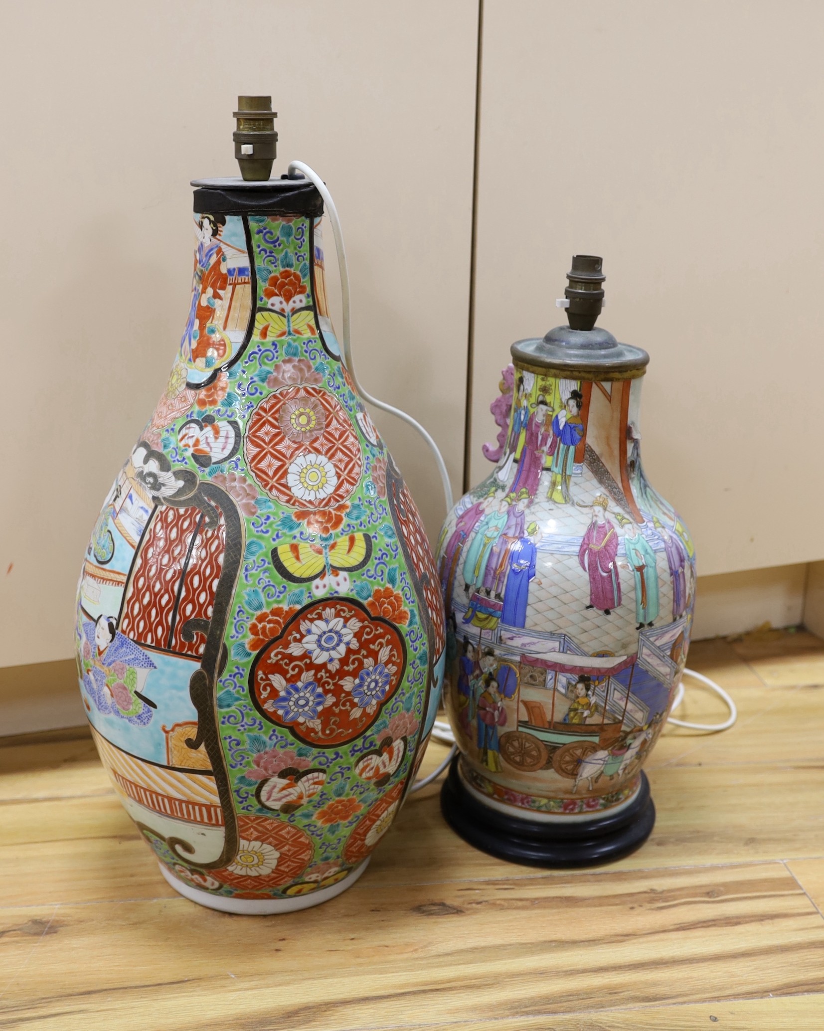 A 19th-century Chinese famille rose vase, and a late 19th century Japanese enamelled porcelain tall vase, both cut down and now mounted as lamps, the tallest 62cm (2)